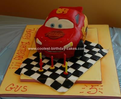 I made this Lightning McQueen cake for my son's 5th birthday, using a 16-12 