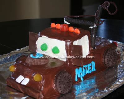My son wanted a Tow Mater Birthday Cake so I used this site and took ideas