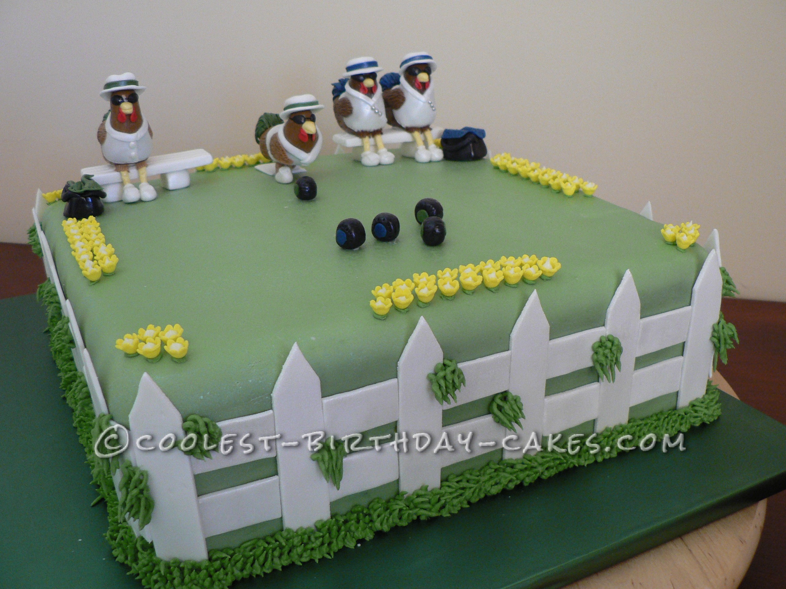 Cool 90th Birthday Cake Idea: Chickens Playing Lawn Bowls
