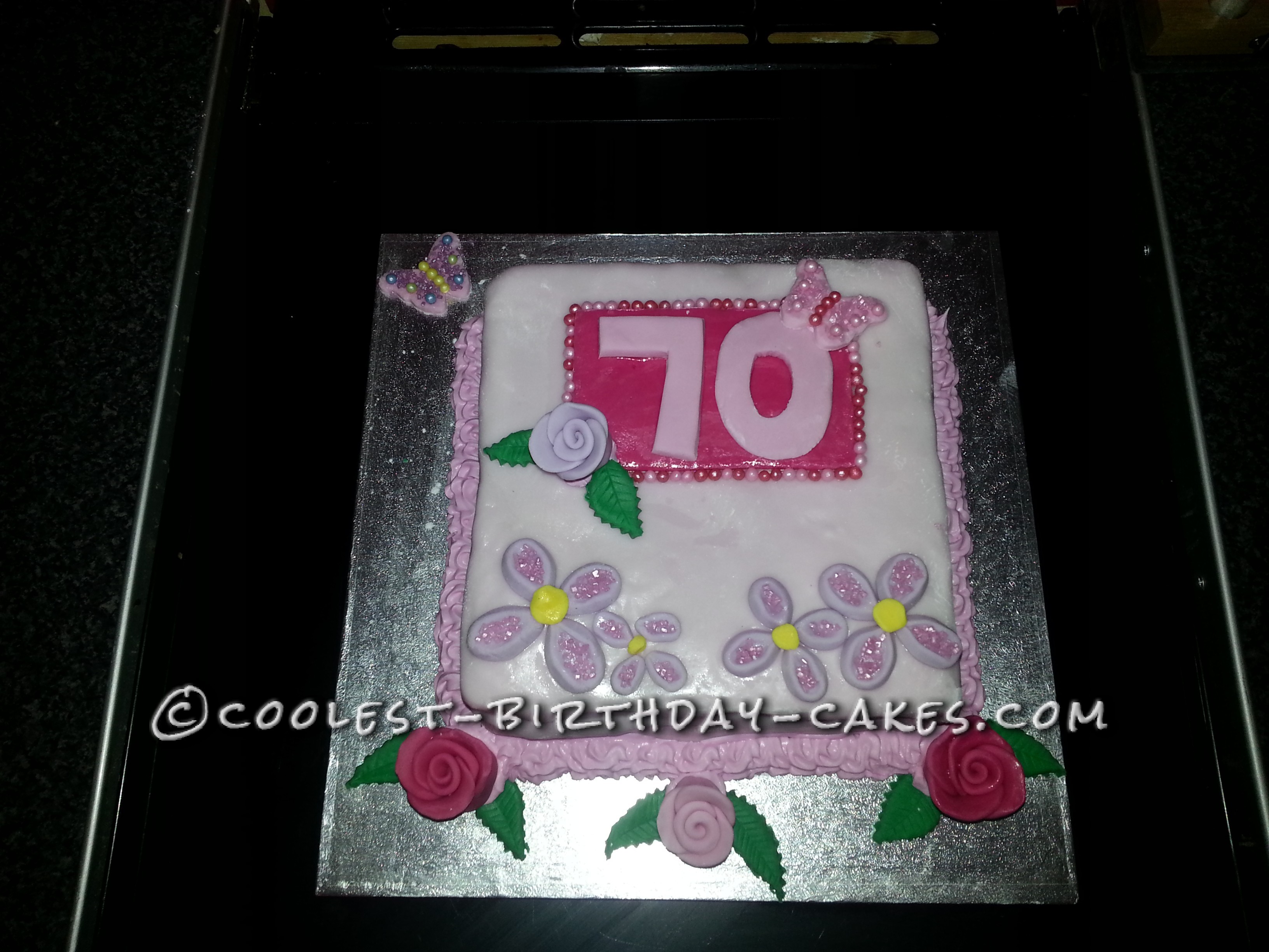 Flowery Pink and Purple 70th Birthday Cake