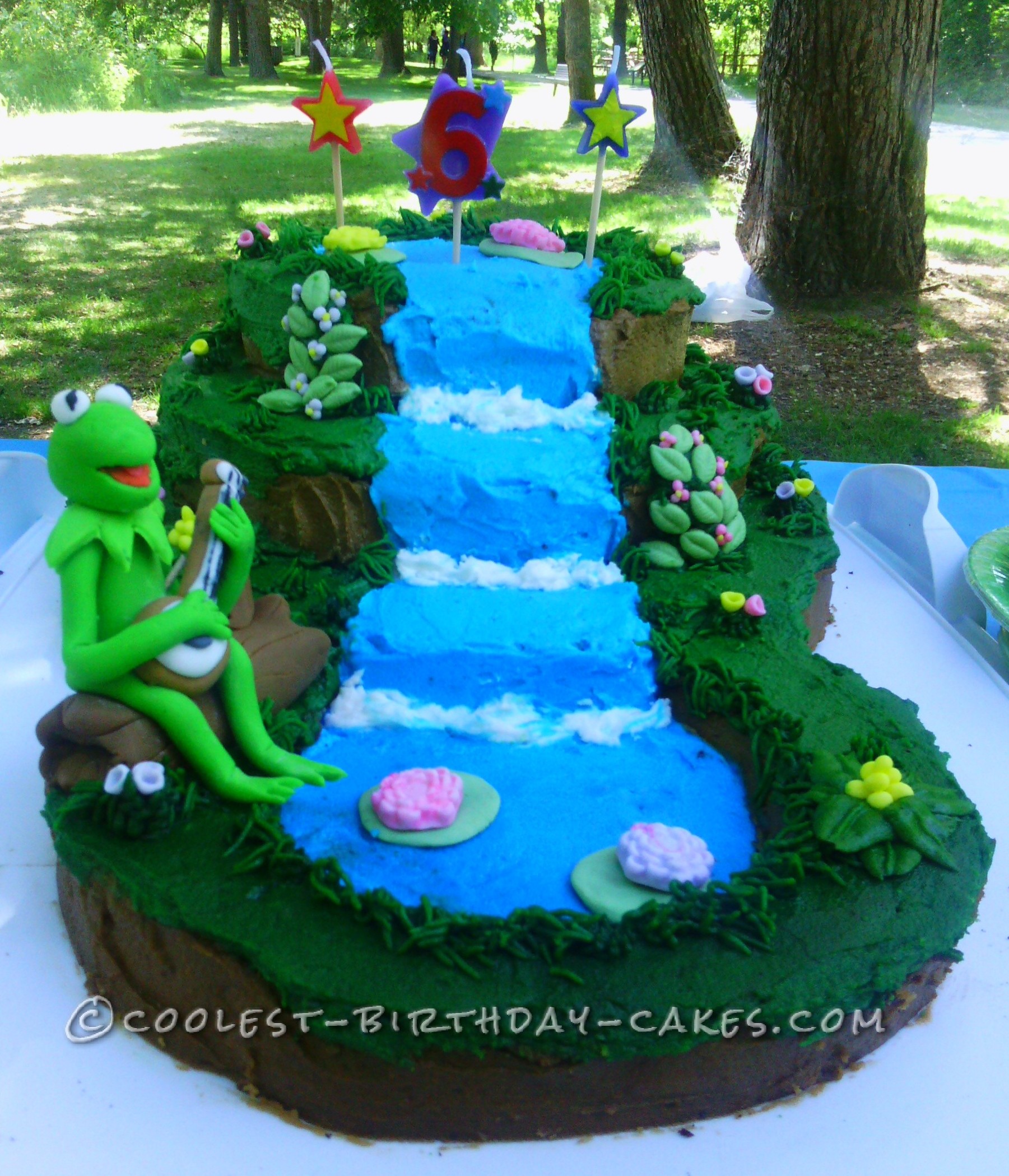 Cute Kermit on a Waterfall Cake