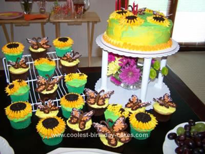 Homemade Garden Party Birthday Cake and Cupcakes