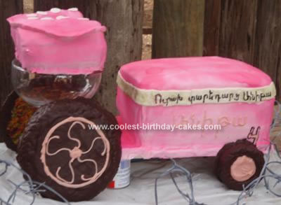 Homemade Pink Antique Tractor Cake