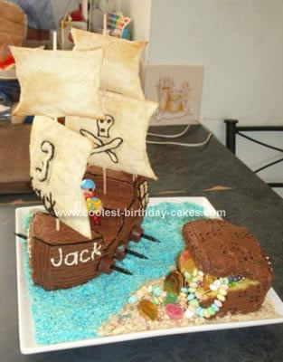 Homemade  Pirate Ship and Treasure Chest Cake