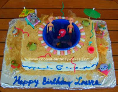 Homemade Swimming Pool Birthday Cake with Mermaids