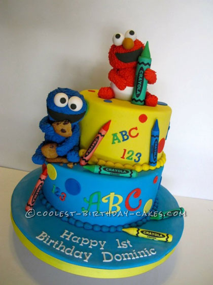 1st Birthday Cake with Baby Elmo and Cookie Monster